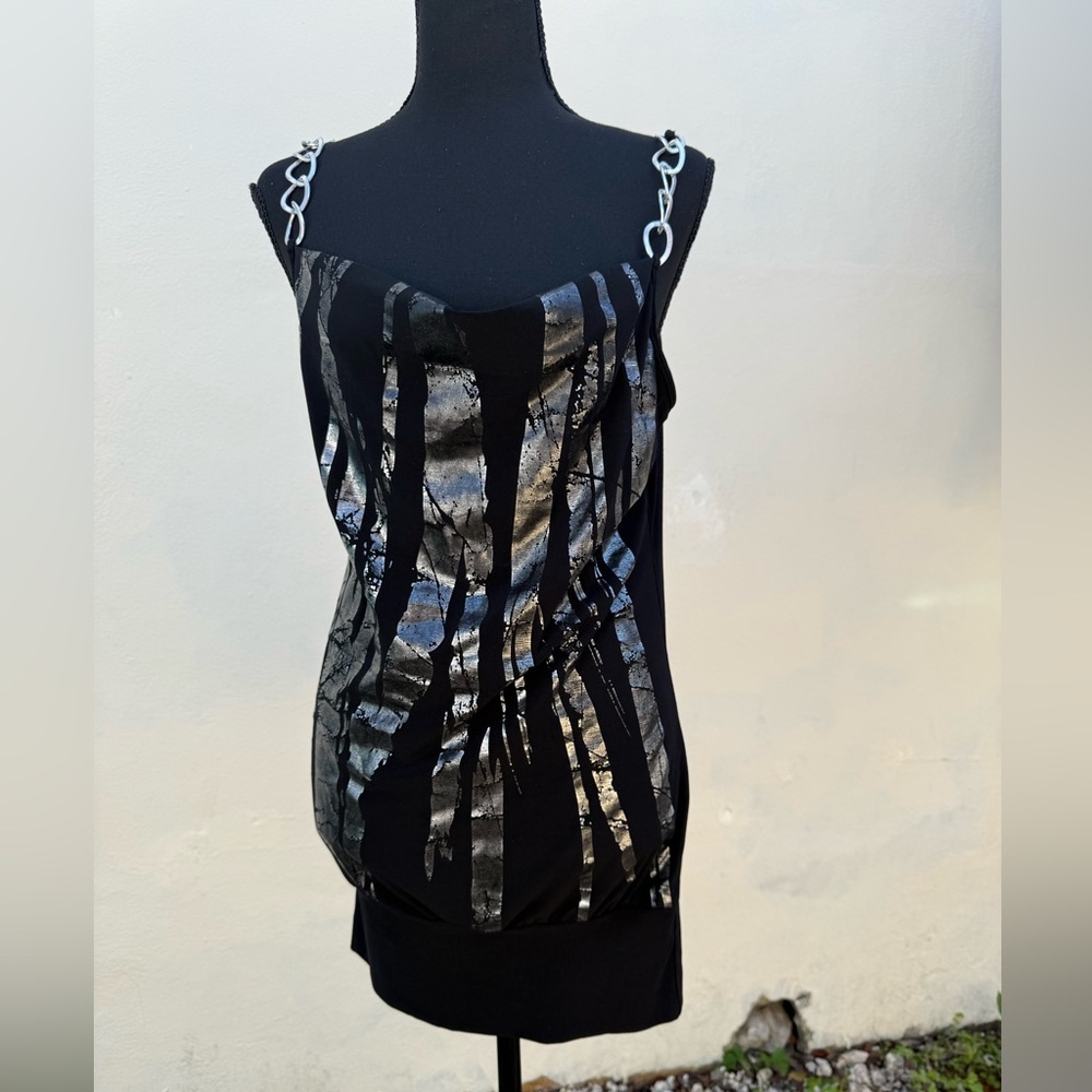 Y2K Black Silver Metallic Tunic Top Chain Straps Clubwear Made in USA